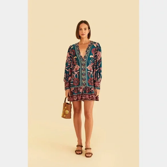 Farm Rio Teal Seashell Tapestry Lenzing™ Ecovero™ Viscose Mini Dress - Picture 1 of 10